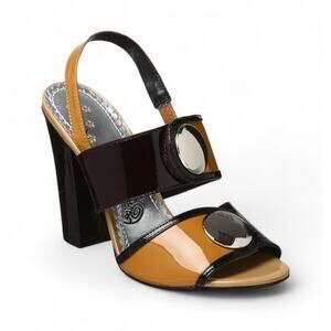Naughty Monkey Happy Planet Sandals Formal Block Heel Black Tan Women Size 6.5
